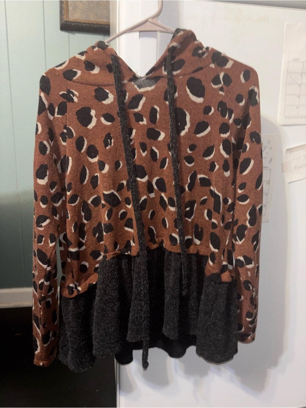 Pretty n pink Leopard Print Hooded Knit Top with Black Ruffle Hem